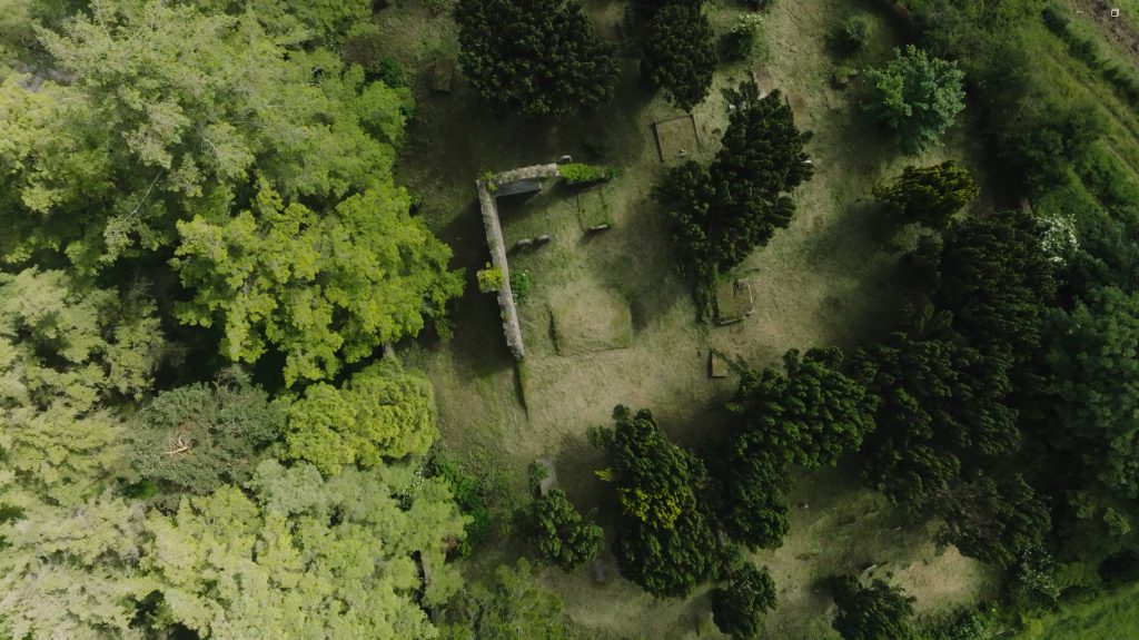 Aerial view of Derryvullan Graveyard and church